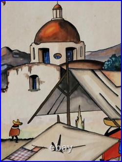Original Vintage Jorge A Murillo Watercolor Village Market Scene Folk Art 18x24 Original Vintage Jorge A Murillo Watercolor Village Market Scene Folk Art 18x24