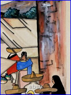 Original Vintage Jorge A Murillo Watercolor Village Market Scene Folk Art 18x24 Original Vintage Jorge A Murillo Watercolor Village Market Scene Folk Art 18x24
