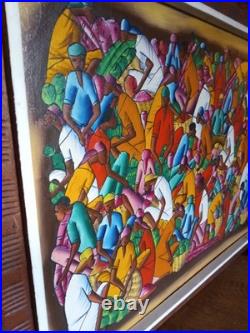 Original Vintage Signed E. Daniel Haitian Folk Art Oil Painting Market Scene