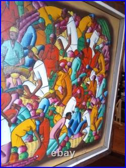 Original Vintage Signed E. Daniel Haitian Folk Art Oil Painting Market Scene