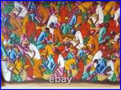 Original Vintage Signed E. Daniel Haitian Folk Art Oil Painting Market Scene