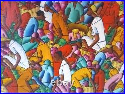 Original Vintage Signed E. Daniel Haitian Folk Art Oil Painting Market Scene
