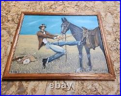 Original Vntg Primitive Folk Art Cowboy Horse Oil Painting on Board Gay Erotic