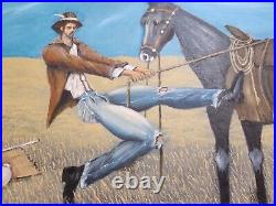 Original Vntg Primitive Folk Art Cowboy Horse Oil Painting on Board Gay Erotic
