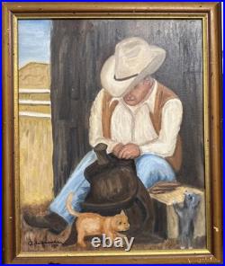 Original Vtg 2004 Western Cowboy Oil Painting on Canvas Signed Folk Art Cats