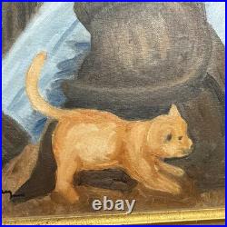 Original Vtg 2004 Western Cowboy Oil Painting on Canvas Signed Folk Art Cats