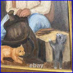 Original Vtg 2004 Western Cowboy Oil Painting on Canvas Signed Folk Art Cats