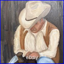 Original Vtg 2004 Western Cowboy Oil Painting on Canvas Signed Folk Art Cats