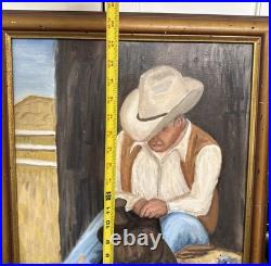 Original Vtg 2004 Western Cowboy Oil Painting on Canvas Signed Folk Art Cats