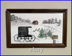 Original Watercolor Painting Amish Folk Art Winter Barn Buggy Signed Beryl