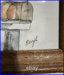 Original Watercolor Painting Amish Folk Art Winter Barn Buggy Signed Beryl