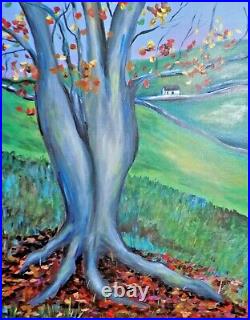 Original acrylic painting fall landscape country tree folk art inspired