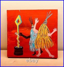 Original artwork painting oil on wood 2 shamans dancing with snake and old tires