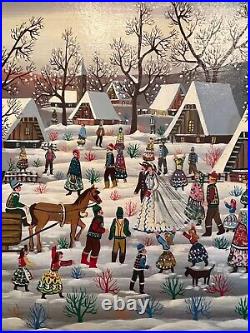 Original folk painting of winter wedding scene charming signed Kowalski