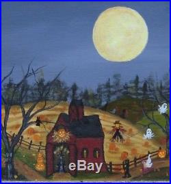 Original halloween painting folk art witch pumpkin ghosts bats black cats
