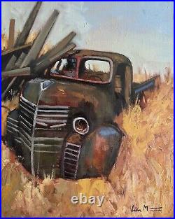 Original impressionist painting Old Truck Abandoned Farm Signed Liam Folk Art