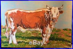 Original large acrylic impression folk art painting bull cow farm