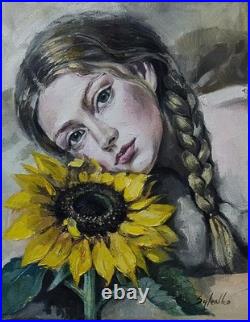 Original oil painting 11x14 Girl, Woman Portrait, Figurative, Sunflower