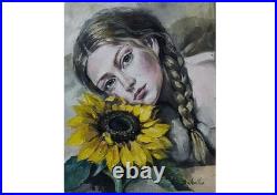 Original oil painting 11x14 Girl, Woman Portrait, Figurative, Sunflower