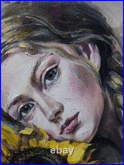 Original oil painting 11x14 Girl, Woman Portrait, Figurative, Sunflower