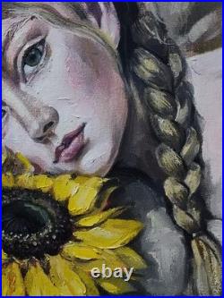 Original oil painting 11x14 Girl, Woman Portrait, Figurative, Sunflower