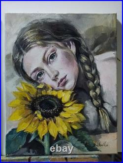 Original oil painting 11x14 Girl, Woman Portrait, Figurative, Sunflower
