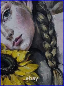 Original oil painting 11x14 Girl, Woman Portrait, Figurative, Sunflower