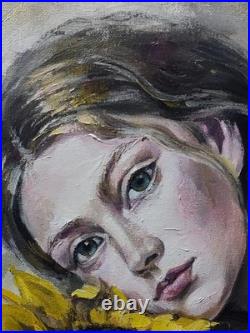 Original oil painting 11x14 Girl, Woman Portrait, Figurative, Sunflower