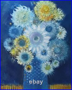 Original oil painting 24x30 Still life Bouquet Flowers Primitive wall Art Blue