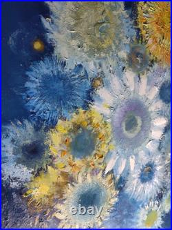 Original oil painting 24x30 Still life Bouquet Flowers Primitive wall Art Blue