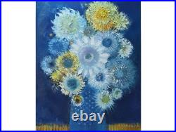 Original oil painting 24x30 Still life Bouquet Flowers Primitive wall Art Blue