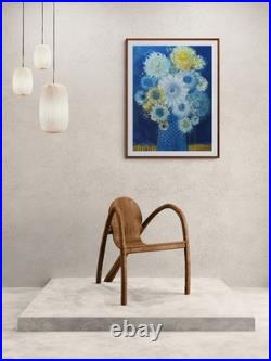 Original oil painting 24x30 Still life Bouquet Flowers Primitive wall Art Blue