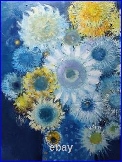 Original oil painting 24x30 Still life Bouquet Flowers Primitive wall Art Blue