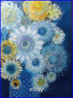 Original oil painting 24x30 Still life Bouquet Flowers Primitive wall Art Blue