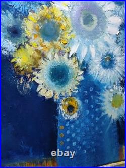 Original oil painting 24x30 Still life Bouquet Flowers Primitive wall Art Blue