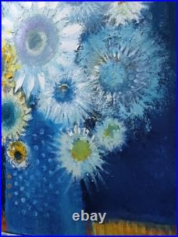 Original oil painting 24x30 Still life Bouquet Flowers Primitive wall Art Blue