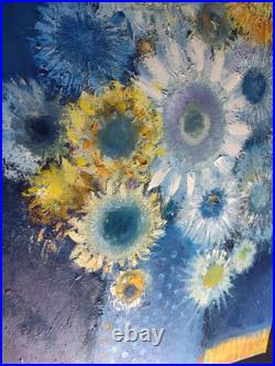 Original oil painting 24x30 Still life Bouquet Flowers Primitive wall Art Blue