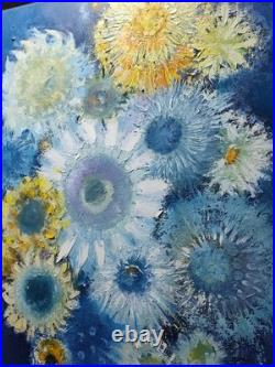 Original oil painting 24x30 Still life Bouquet Flowers Primitive wall Art Blue