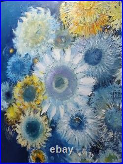 Original oil painting 24x30 Still life Bouquet Flowers Primitive wall Art Blue
