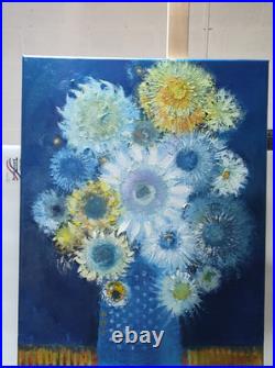 Original oil painting 24x30 Still life Bouquet Flowers Primitive wall Art Blue