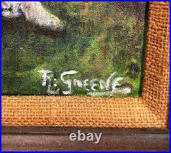 Original oil painting. Folk art by R. Greene. Child & his dog in the front yard