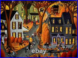 Original painting Halloween black cat costume witch ghost monster dog horse crow