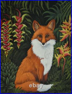 Original painting red Fox tropical flower animal woodland folk art beautiful fur