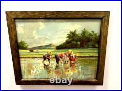 Original quality vintage art Humble folks working in rice paddies FRMD SGND