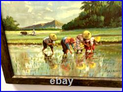 Original quality vintage art Humble folks working in rice paddies FRMD SGND