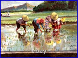 Original quality vintage art Humble folks working in rice paddies FRMD SGND
