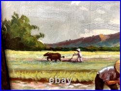 Original quality vintage art Humble folks working in rice paddies FRMD SGND