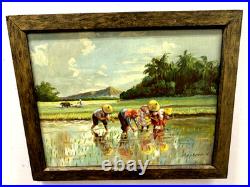 Original quality vintage art Humble folks working in rice paddies FRMD SGND