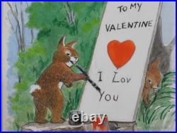 Original watercolor painting Maurice Jake Day valentine rabbits signed matted