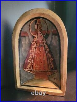 Our Lady of Sorrows Dolorosa Hand painted wood Nicho SIGNED Mexico Gold Accents